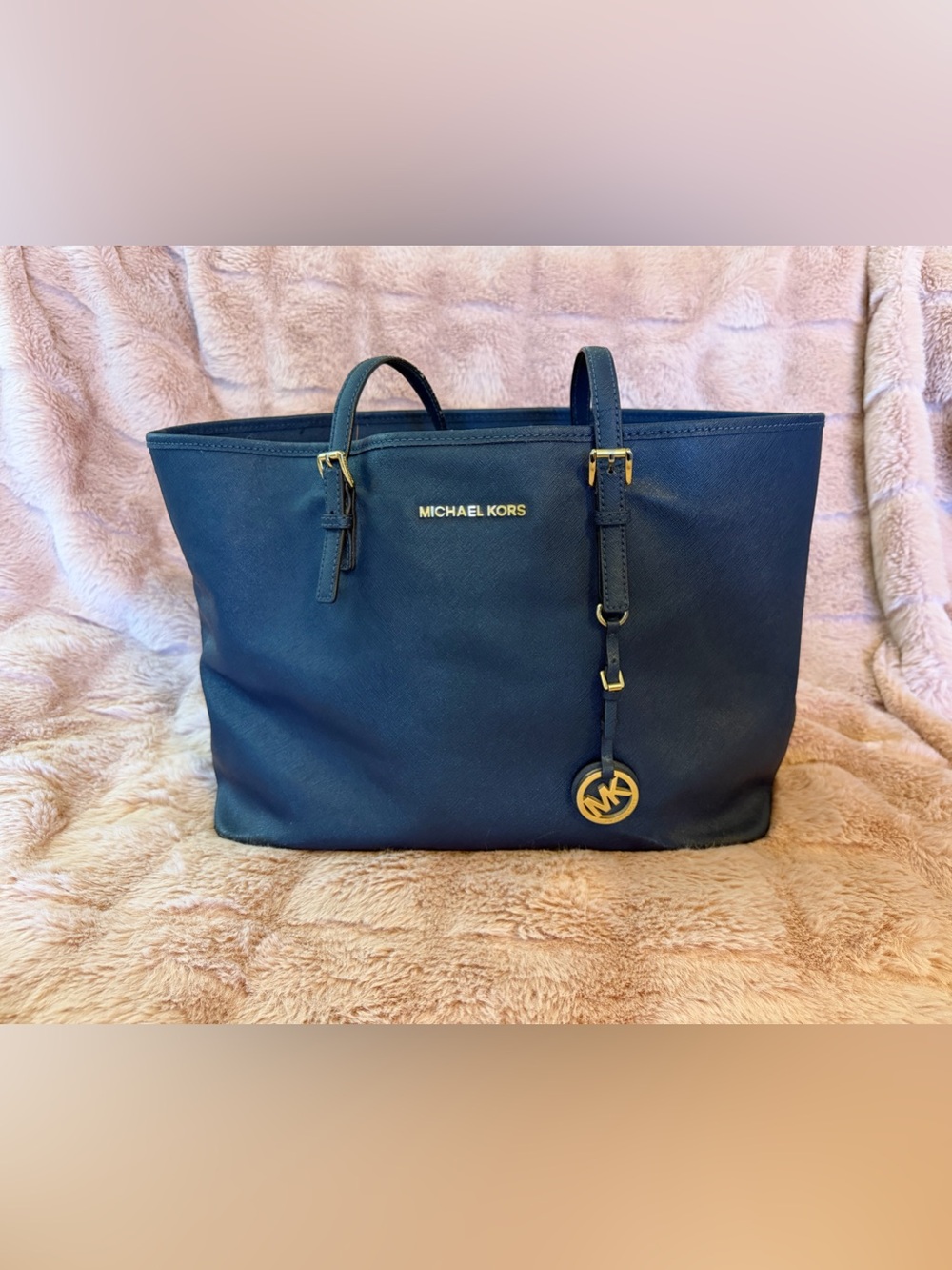 Michael Kors Dark Blue Saffiano Leather Tote with Gold Hardware